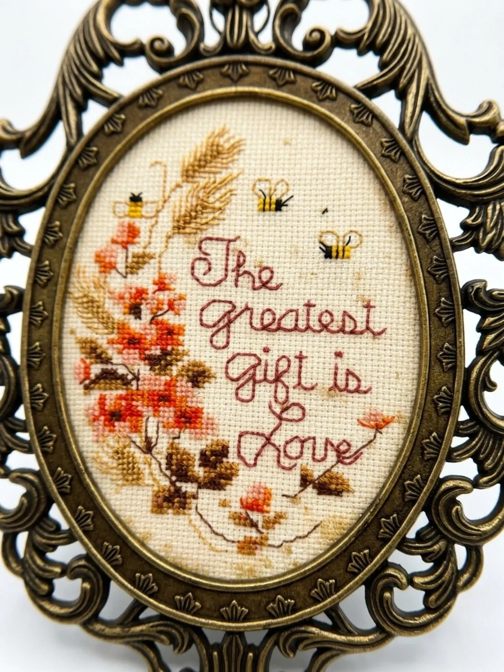 Vintage 1985 Creative Circle The Greatest Gift is Love Framed Cross Stitch Art